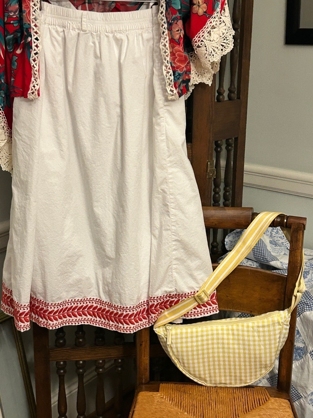 J Crew White Cotton Maxi Skirt Size L Scarlet Red Embroidery Sash Belt Lined - Picture 13 of 16